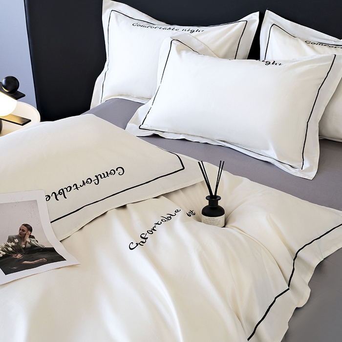 91家纺网 家纺一手货源 找家纺 女子家纺 2026新款A类全棉长绒棉双拼四件套刺绣轻奢床上用品-原素 白+浅灰