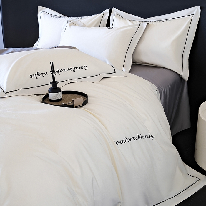 91家纺网 家纺一手货源 找家纺 女子家纺 2026新款A类全棉长绒棉双拼四件套刺绣轻奢床上用品-原素 白+浅灰