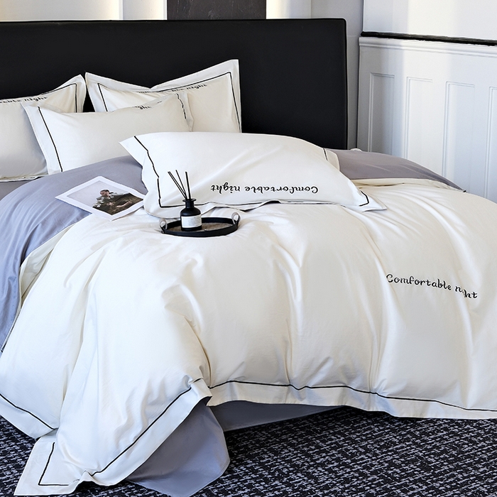 91家纺网 家纺一手货源 找家纺 女子家纺 2026新款A类全棉长绒棉双拼四件套刺绣轻奢床上用品-原素 白+浅灰