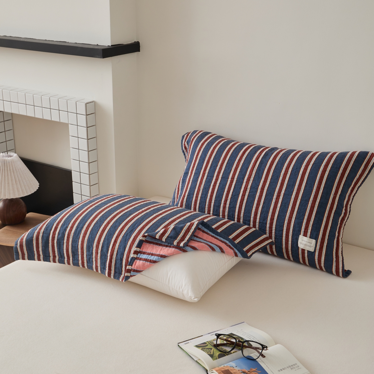 百寐 2026年3月全棉A类色织枕巾52*75条纹格子美拉德色系纯棉吸汗枕巾 色织-蓝条