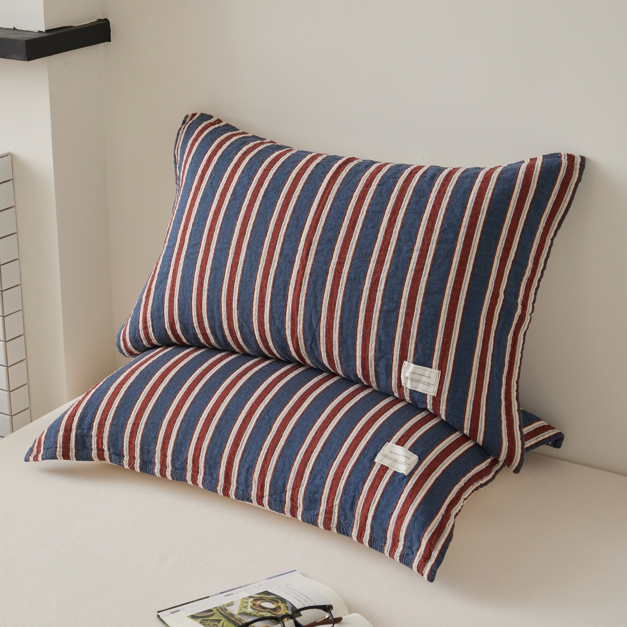 91家纺网 家纺一手货源 找家纺 百寐 2026年3月全棉A类色织枕巾52*75条纹格子美拉德色系纯棉吸汗枕巾 色织-蓝条