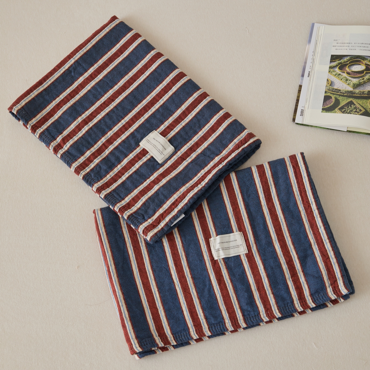 91家纺网 家纺一手货源 找家纺 百寐 2026年3月全棉A类色织枕巾52*75条纹格子美拉德色系纯棉吸汗枕巾 色织-蓝条