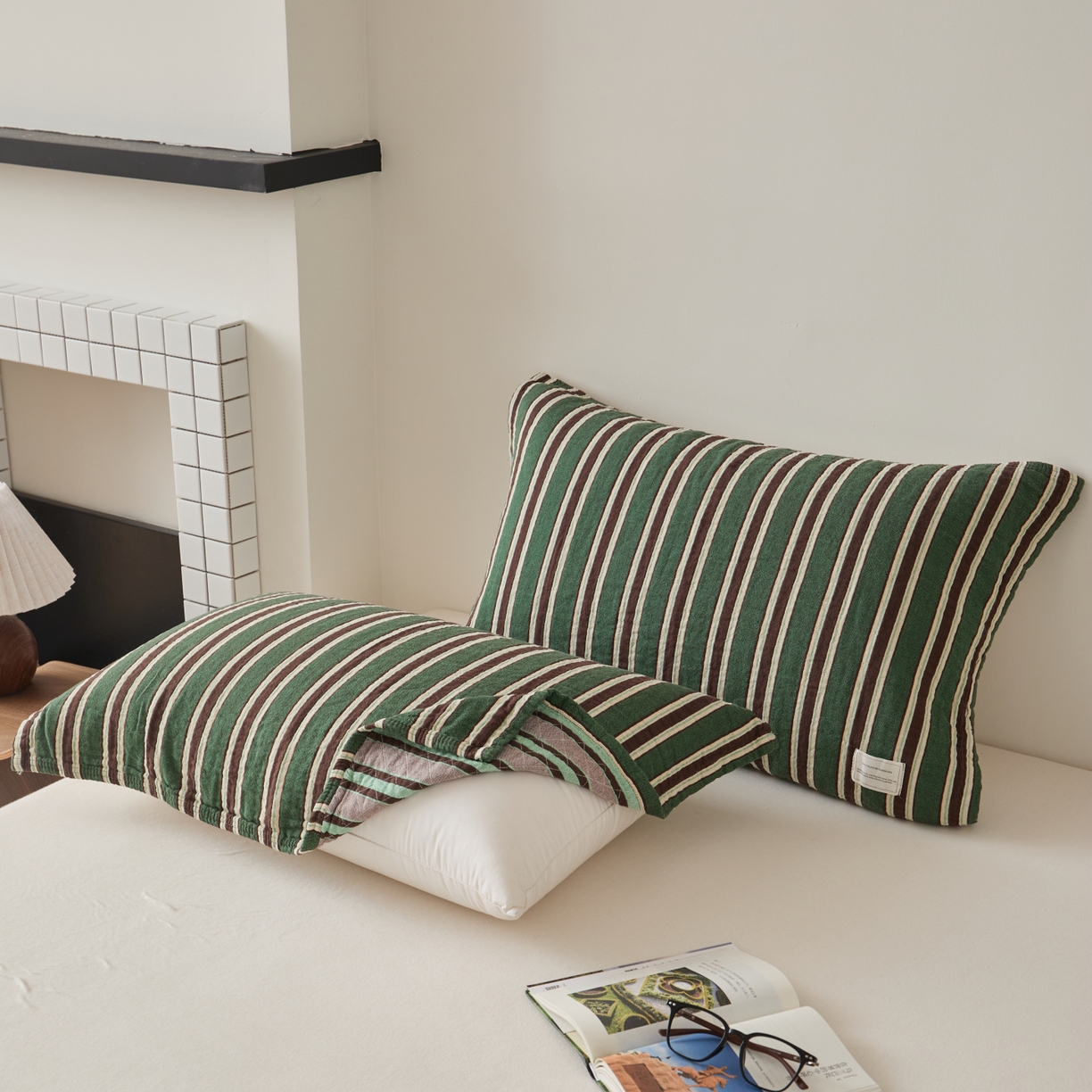 百寐 2026年3月全棉A类色织枕巾52*75条纹格子美拉德色系纯棉吸汗枕巾 色织-绿条