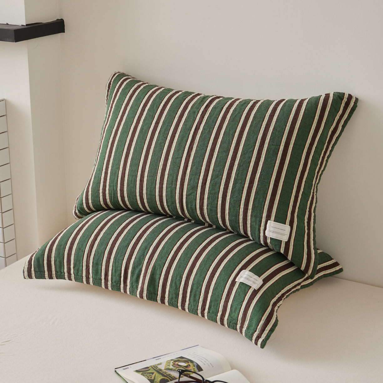 91家纺网 家纺一手货源 找家纺 百寐 2026年3月全棉A类色织枕巾52*75条纹格子美拉德色系纯棉吸汗枕巾 色织-绿条