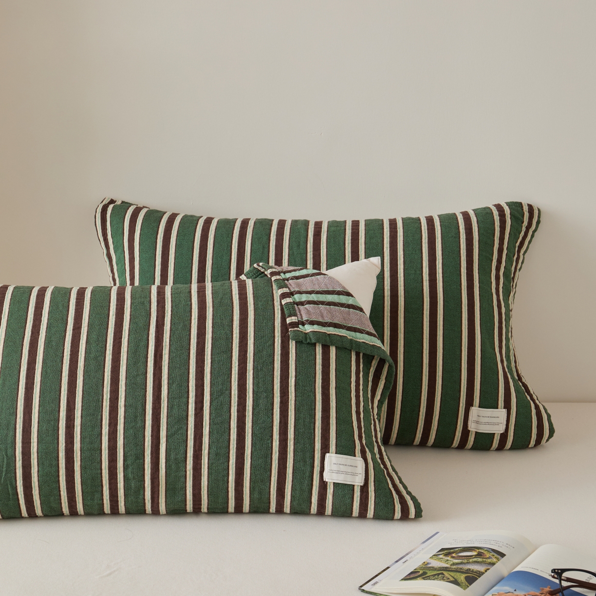 91家纺网 家纺一手货源 找家纺 百寐 2026年3月全棉A类色织枕巾52*75条纹格子美拉德色系纯棉吸汗枕巾 色织-绿条