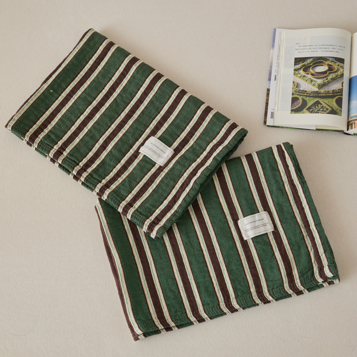 91家纺网 家纺一手货源 找家纺 百寐 2026年3月全棉A类色织枕巾52*75条纹格子美拉德色系纯棉吸汗枕巾 色织-绿条