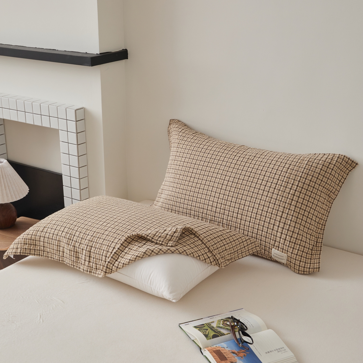 百寐 2026年3月全棉A类色织枕巾52*75条纹格子美拉德色系纯棉吸汗枕巾 色织-米格