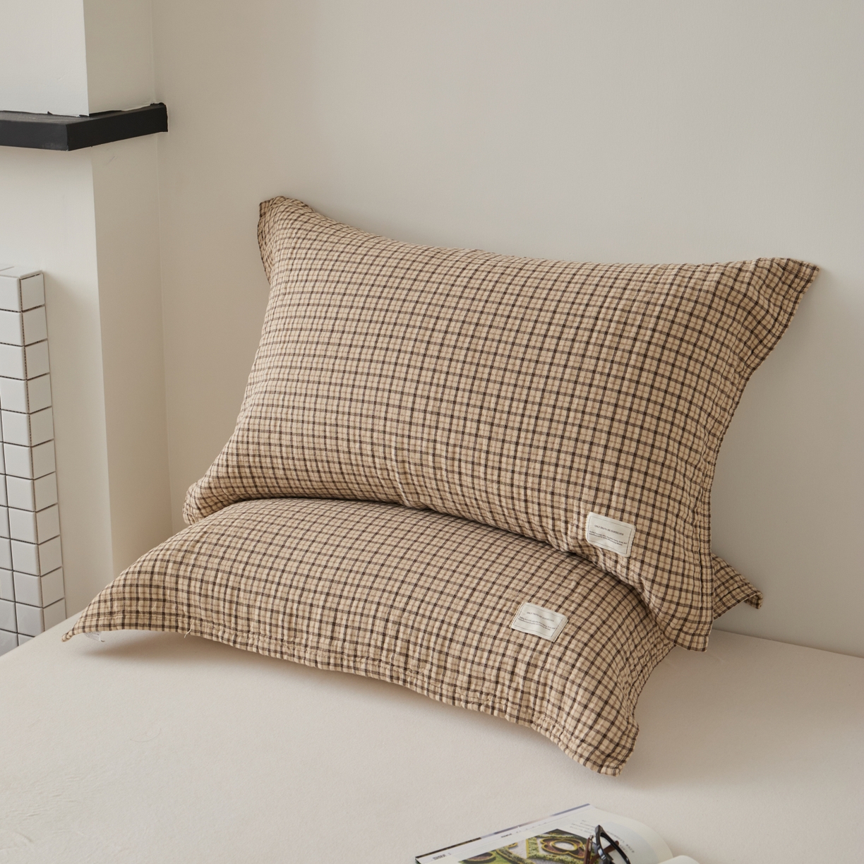 91家纺网 家纺一手货源 找家纺 百寐 2026年3月全棉A类色织枕巾52*75条纹格子美拉德色系纯棉吸汗枕巾 色织-米格