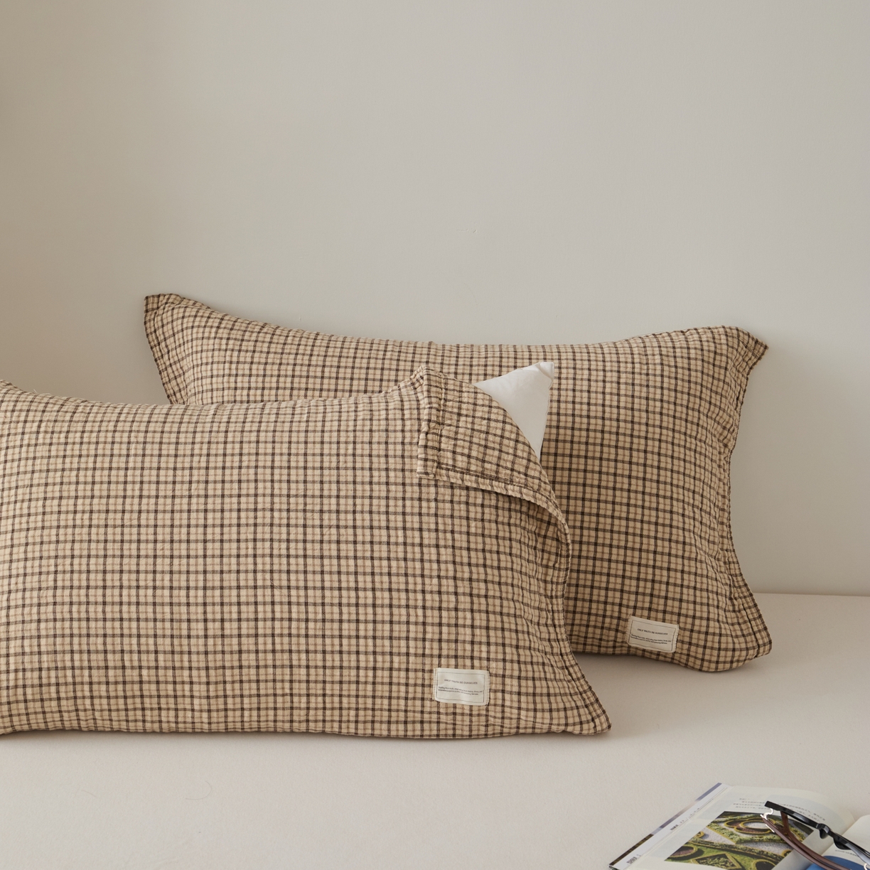 91家纺网 家纺一手货源 找家纺 百寐 2026年3月全棉A类色织枕巾52*75条纹格子美拉德色系纯棉吸汗枕巾 色织-米格