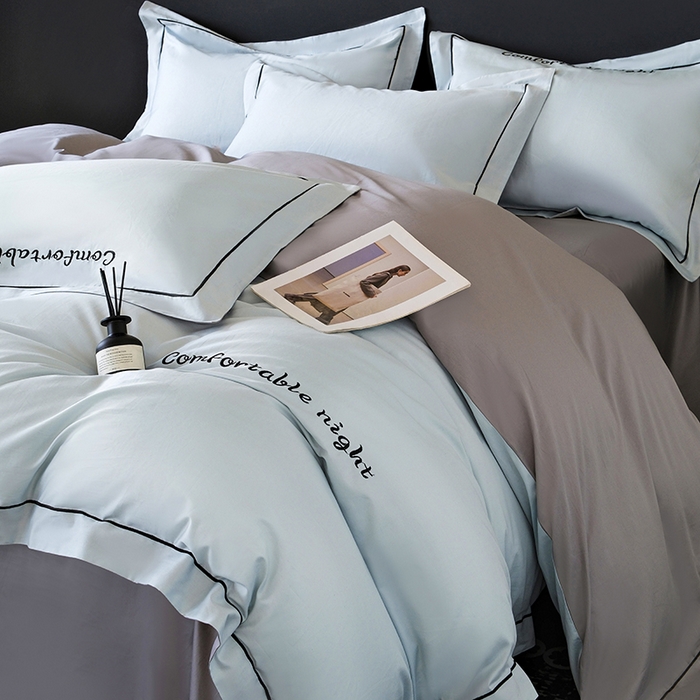 女子家纺 2026新款A类全棉长绒棉双拼四件套刺绣轻奢床上用品-原素 天空兰+浅灰