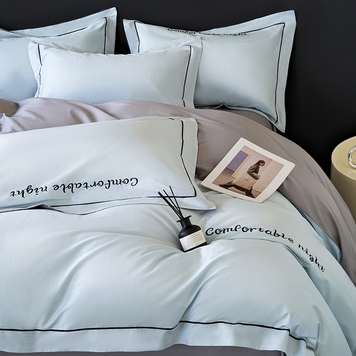 91家纺网 家纺一手货源 找家纺 女子家纺 2026新款A类全棉长绒棉双拼四件套刺绣轻奢床上用品-原素 天空兰+浅灰