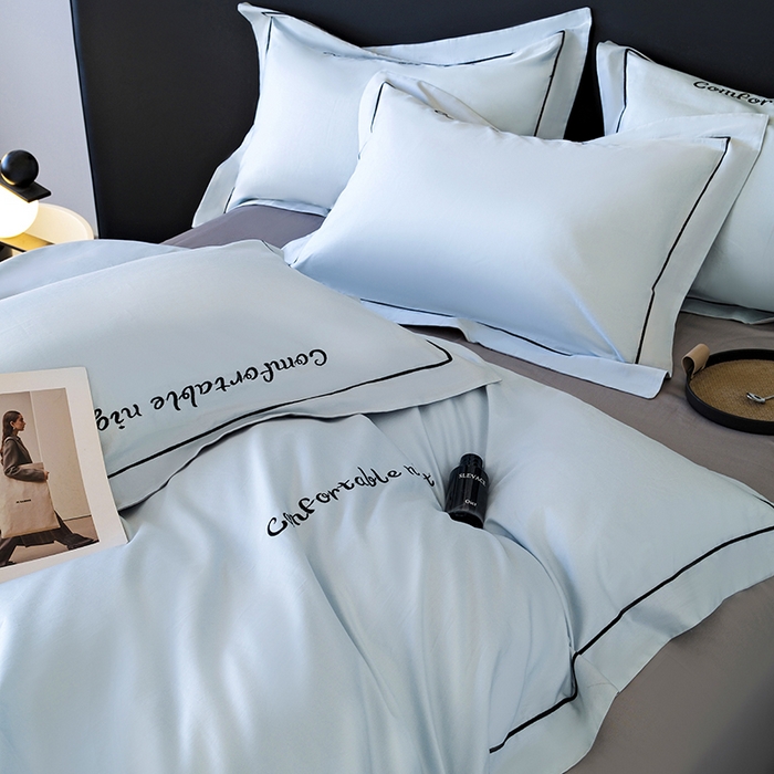 91家纺网 家纺一手货源 找家纺 女子家纺 2026新款A类全棉长绒棉双拼四件套刺绣轻奢床上用品-原素 天空兰+浅灰