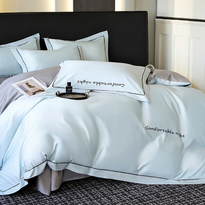 91家纺网 家纺一手货源 找家纺 女子家纺 2026新款A类全棉长绒棉双拼四件套刺绣轻奢床上用品-原素 天空兰+浅灰