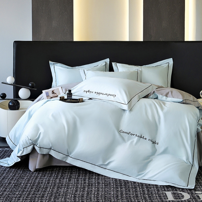 91家纺网 家纺一手货源 找家纺 女子家纺 2026新款A类全棉长绒棉双拼四件套刺绣轻奢床上用品-原素 天空兰+浅灰