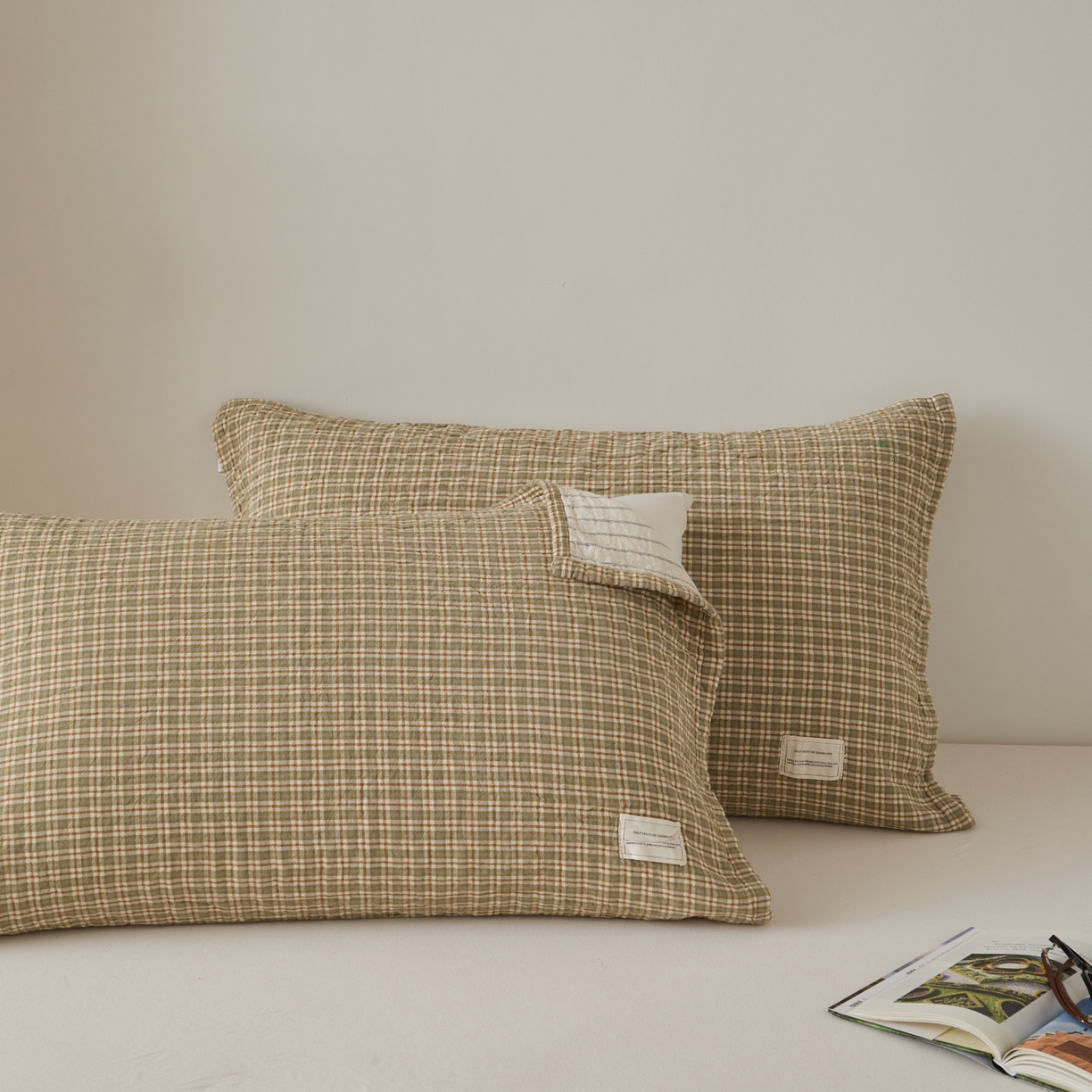 91家纺网 家纺一手货源 找家纺 百寐 2026年3月全棉A类色织枕巾52*75条纹格子美拉德色系纯棉吸汗枕巾 色织-浅绿格