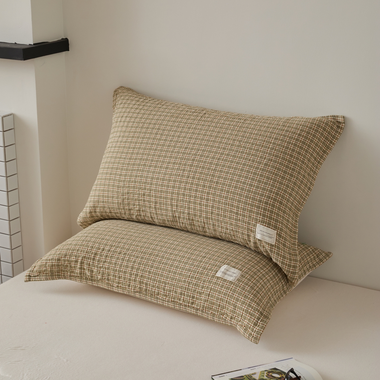 91家纺网 家纺一手货源 找家纺 百寐 2026年3月全棉A类色织枕巾52*75条纹格子美拉德色系纯棉吸汗枕巾 色织-浅绿格