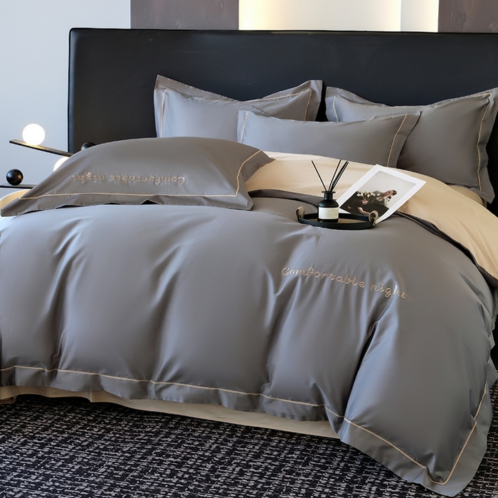 91家纺网 家纺一手货源 找家纺 女子家纺 2026新款A类全棉长绒棉双拼四件套刺绣轻奢床上用品-原素 深灰+奶茶