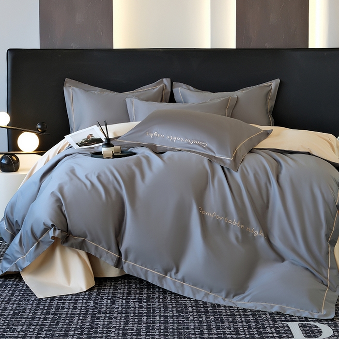 91家纺网 家纺一手货源 找家纺 女子家纺 2026新款A类全棉长绒棉双拼四件套刺绣轻奢床上用品-原素 深灰+奶茶