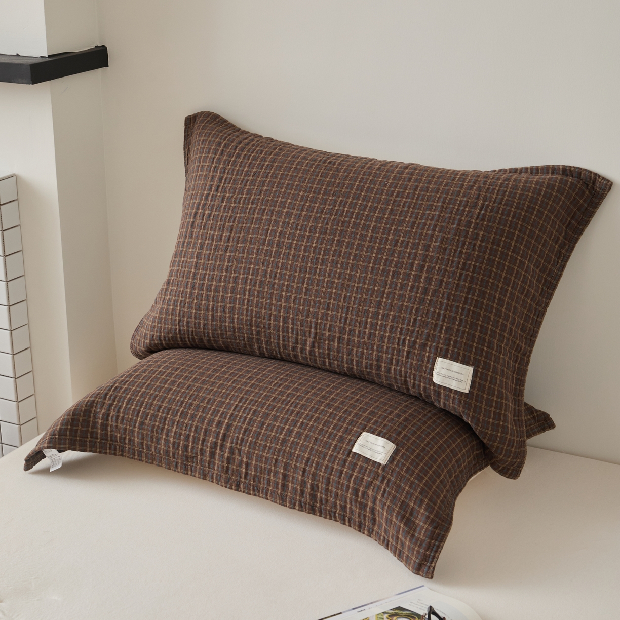 91家纺网 家纺一手货源 找家纺 百寐 2026年3月全棉A类色织枕巾52*75条纹格子美拉德色系纯棉吸汗枕巾 色织-深咖格