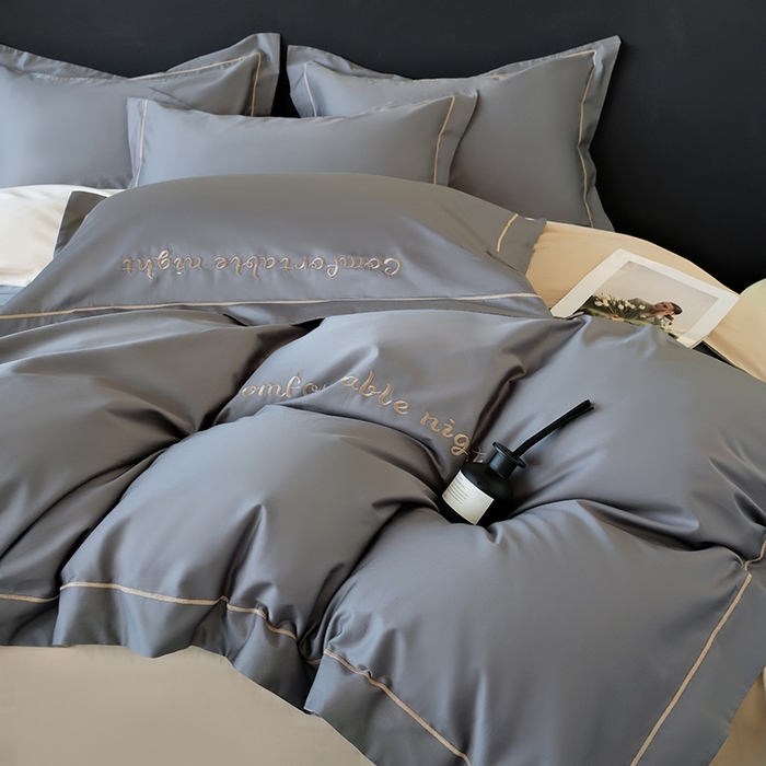 91家纺网 家纺一手货源 找家纺 女子家纺 2026新款A类全棉长绒棉双拼四件套刺绣轻奢床上用品-原素 深灰+奶茶