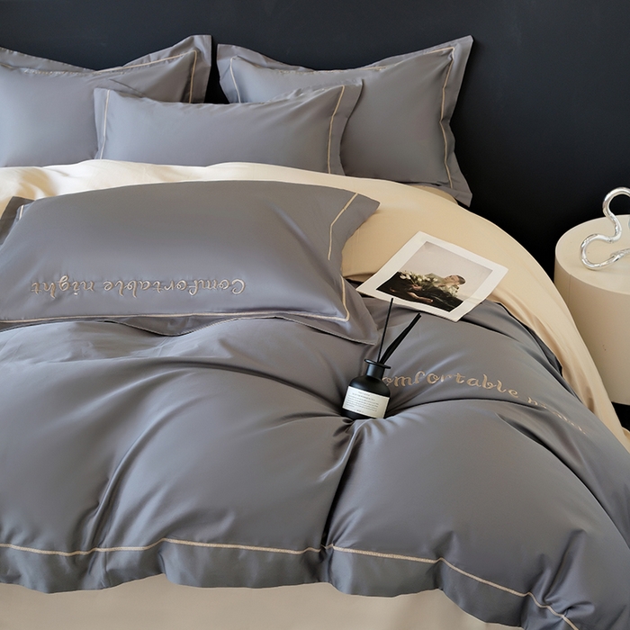 91家纺网 家纺一手货源 找家纺 女子家纺 2026新款A类全棉长绒棉双拼四件套刺绣轻奢床上用品-原素 深灰+奶茶