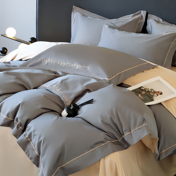 91家纺网 家纺一手货源 找家纺 女子家纺 2026新款A类全棉长绒棉双拼四件套刺绣轻奢床上用品-原素 深灰+奶茶