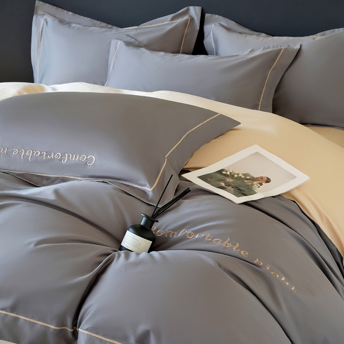 91家纺网 家纺一手货源 找家纺 女子家纺 2026新款A类全棉长绒棉双拼四件套刺绣轻奢床上用品-原素 深灰+奶茶