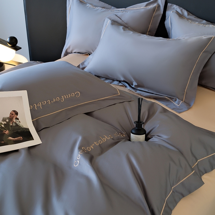 91家纺网 家纺一手货源 找家纺 女子家纺 2026新款A类全棉长绒棉双拼四件套刺绣轻奢床上用品-原素 深灰+奶茶