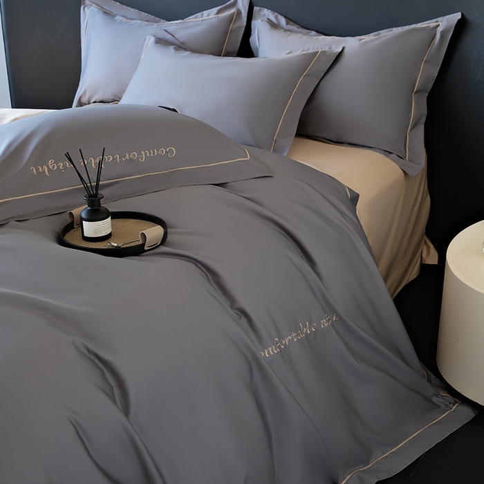 91家纺网 家纺一手货源 找家纺 女子家纺 2026新款A类全棉长绒棉双拼四件套刺绣轻奢床上用品-原素 深灰+奶茶