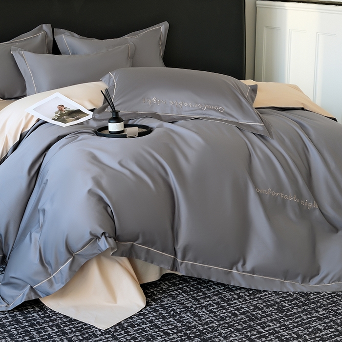 91家纺网 家纺一手货源 找家纺 女子家纺 2026新款A类全棉长绒棉双拼四件套刺绣轻奢床上用品-原素 深灰+奶茶