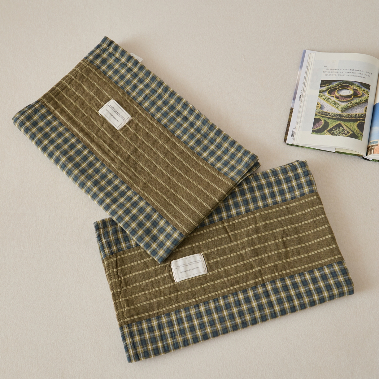 91家纺网 家纺一手货源 找家纺 百寐 2026年3月全棉A类色织枕巾52*75条纹格子美拉德色系纯棉吸汗枕巾 色织-双拼绿格