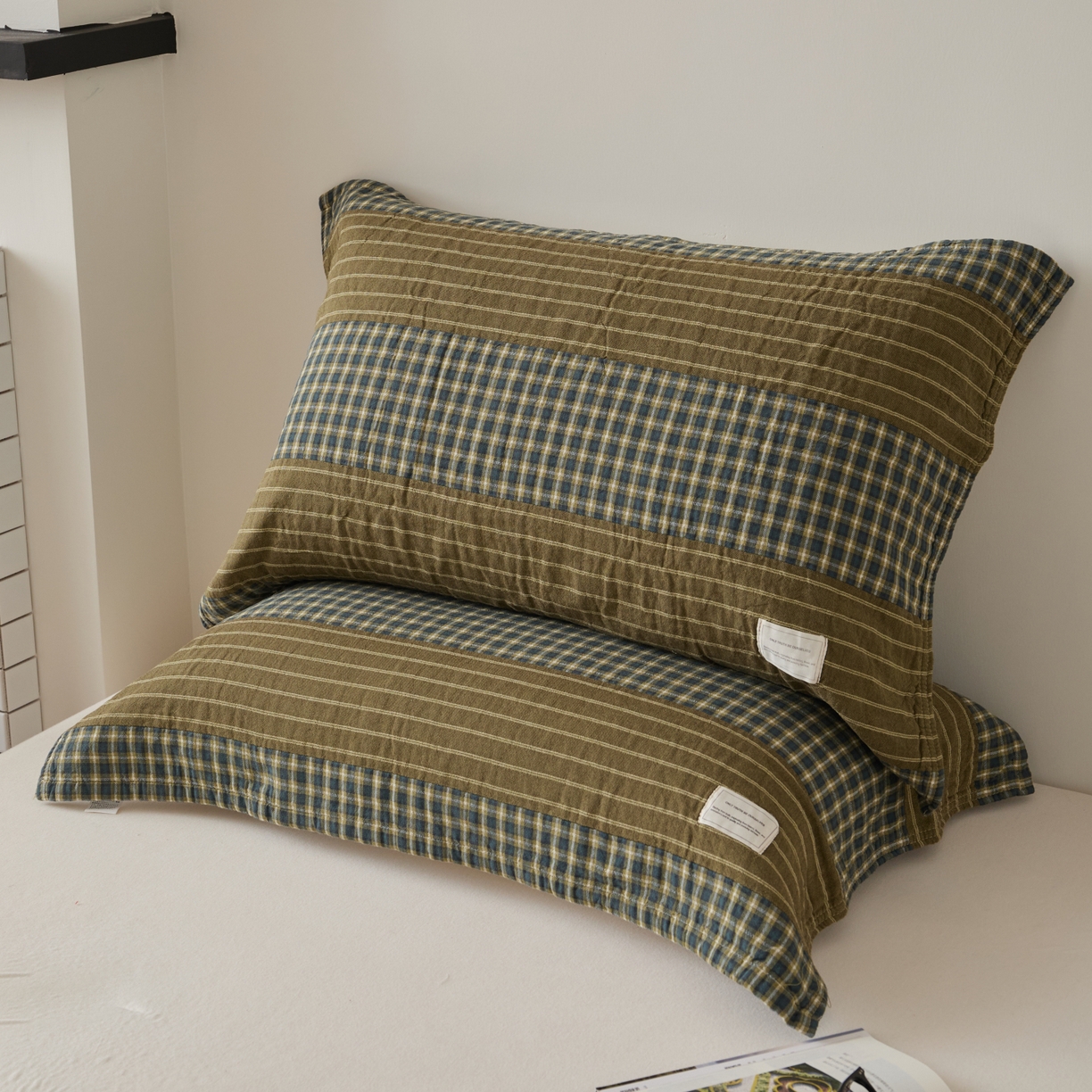 91家纺网 家纺一手货源 找家纺 百寐 2026年3月全棉A类色织枕巾52*75条纹格子美拉德色系纯棉吸汗枕巾 色织-双拼绿格