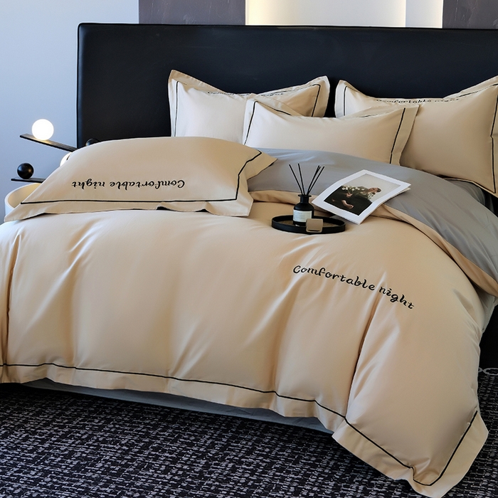 91家纺网 家纺一手货源 找家纺 女子家纺 2026新款A类全棉长绒棉双拼四件套刺绣轻奢床上用品-原素 奶茶+浅灰