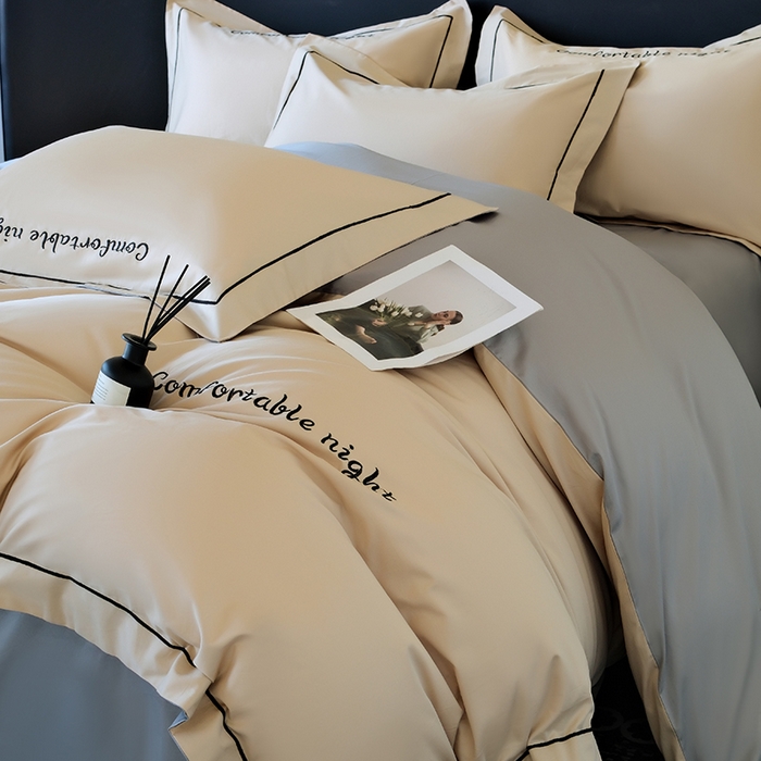 女子家纺 2026新款A类全棉长绒棉双拼四件套刺绣轻奢床上用品-原素 奶茶+浅灰