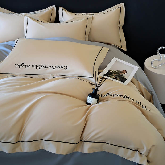 91家纺网 家纺一手货源 找家纺 女子家纺 2026新款A类全棉长绒棉双拼四件套刺绣轻奢床上用品-原素 奶茶+浅灰