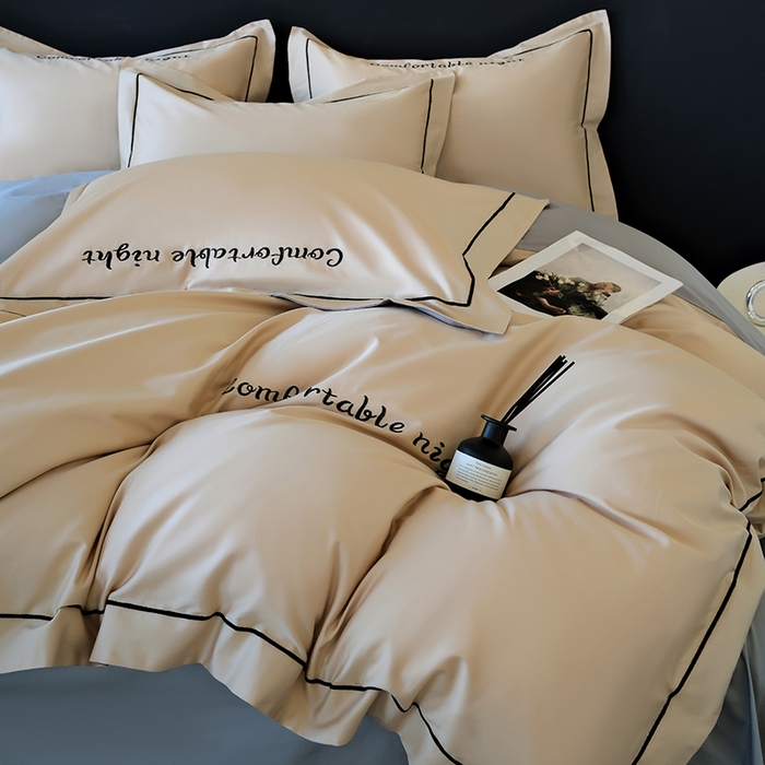 91家纺网 家纺一手货源 找家纺 女子家纺 2026新款A类全棉长绒棉双拼四件套刺绣轻奢床上用品-原素 奶茶+浅灰