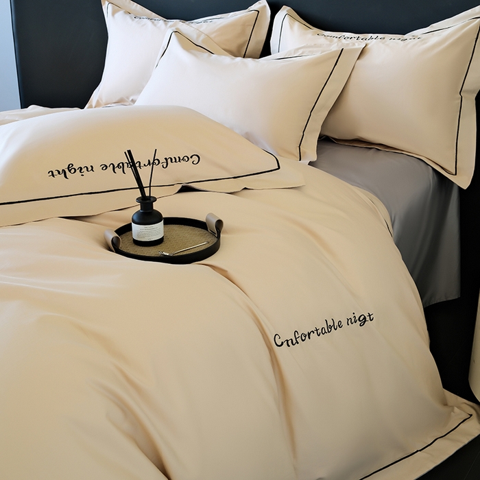 91家纺网 家纺一手货源 找家纺 女子家纺 2026新款A类全棉长绒棉双拼四件套刺绣轻奢床上用品-原素 奶茶+浅灰