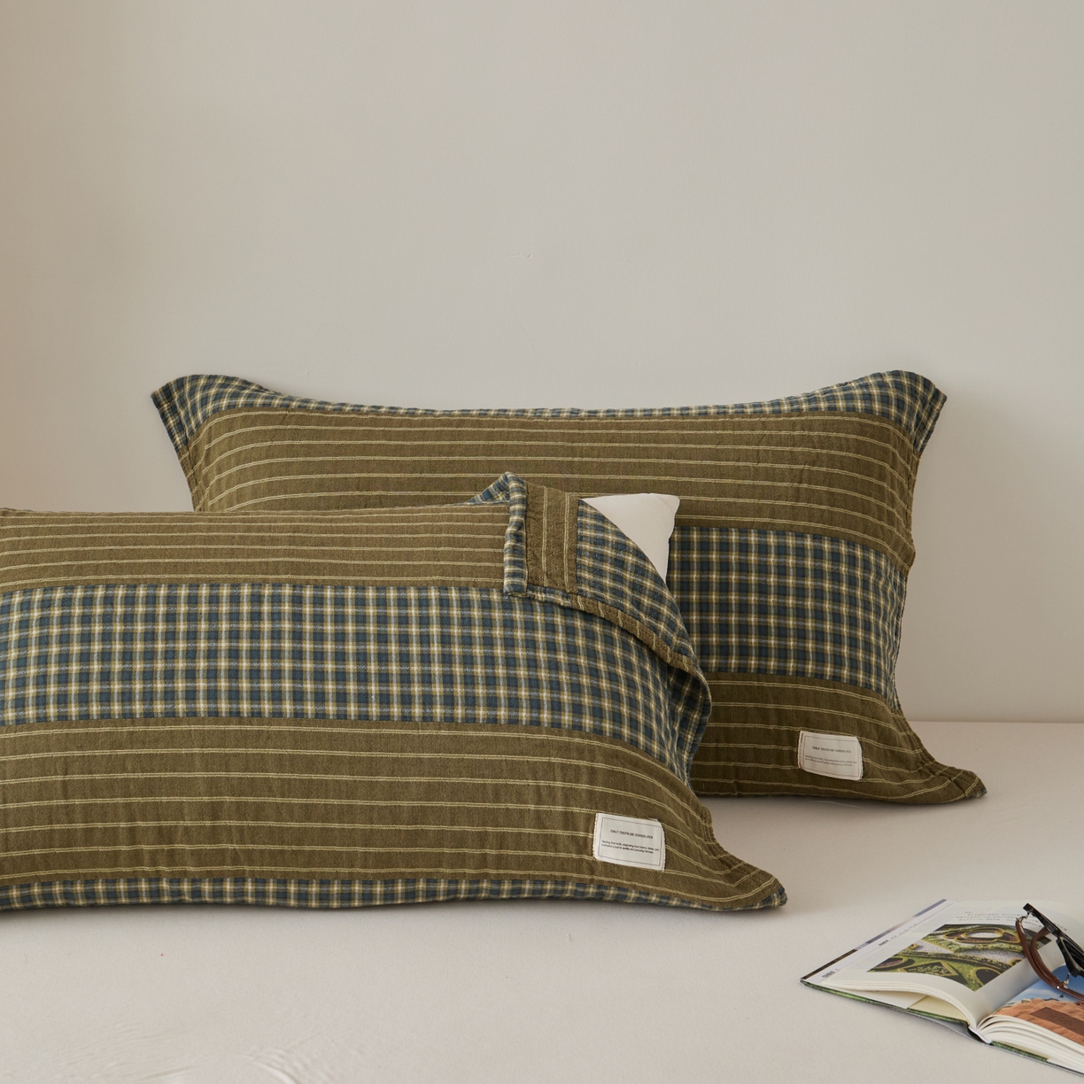 91家纺网 家纺一手货源 找家纺 百寐 2026年3月全棉A类色织枕巾52*75条纹格子美拉德色系纯棉吸汗枕巾 色织-双拼绿格