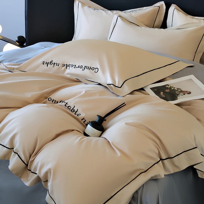 91家纺网 家纺一手货源 找家纺 女子家纺 2026新款A类全棉长绒棉双拼四件套刺绣轻奢床上用品-原素 奶茶+浅灰