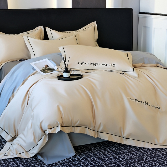 91家纺网 家纺一手货源 找家纺 女子家纺 2026新款A类全棉长绒棉双拼四件套刺绣轻奢床上用品-原素 奶茶+浅灰