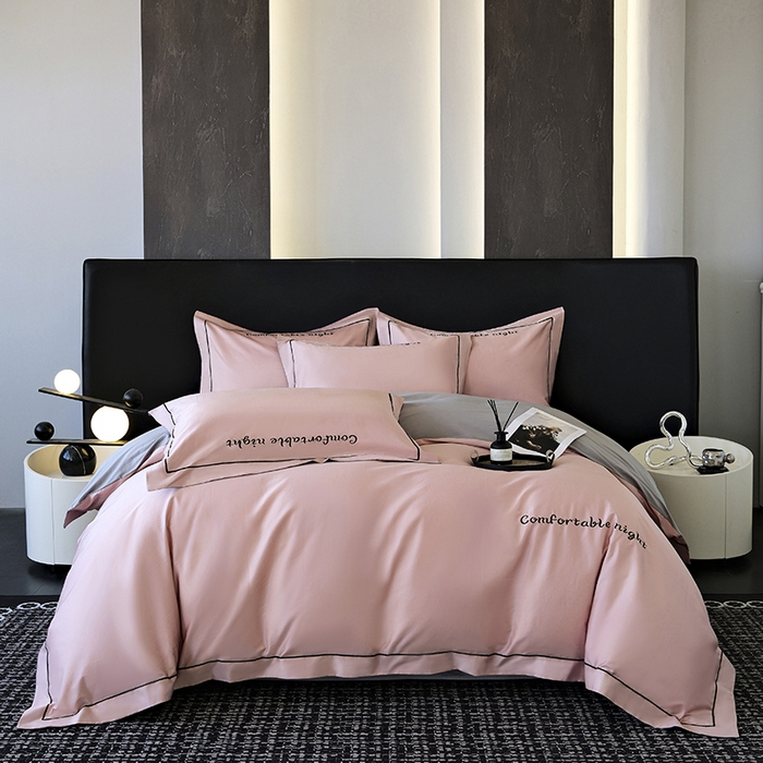 91家纺网 家纺一手货源 找家纺 女子家纺 2026新款A类全棉长绒棉双拼四件套刺绣轻奢床上用品-原素 豆沙+灰