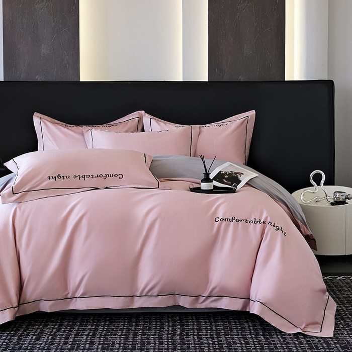 91家纺网 家纺一手货源 找家纺 女子家纺 2026新款A类全棉长绒棉双拼四件套刺绣轻奢床上用品-原素 豆沙+灰