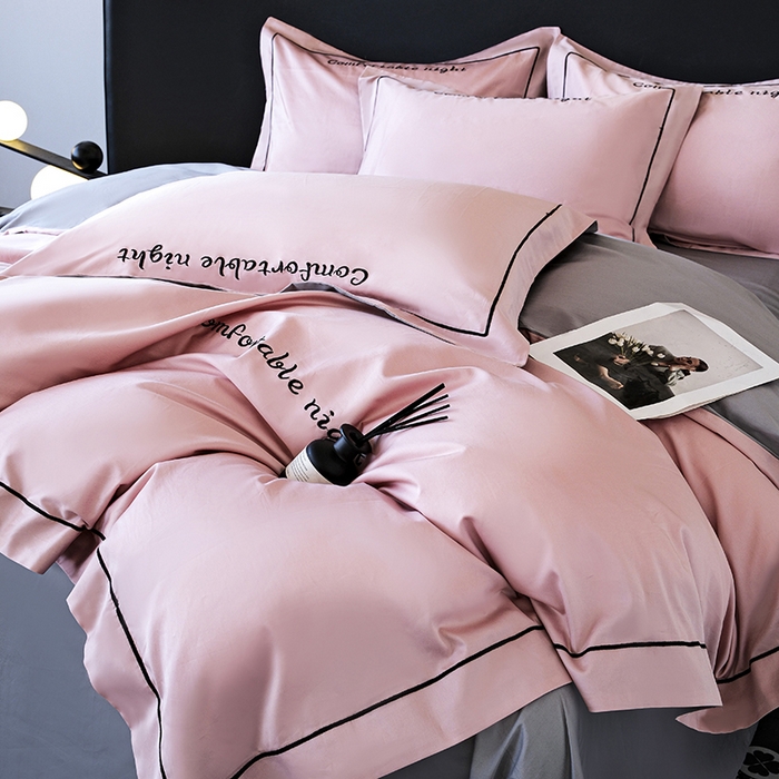 91家纺网 家纺一手货源 找家纺 女子家纺 2026新款A类全棉长绒棉双拼四件套刺绣轻奢床上用品-原素 豆沙+灰