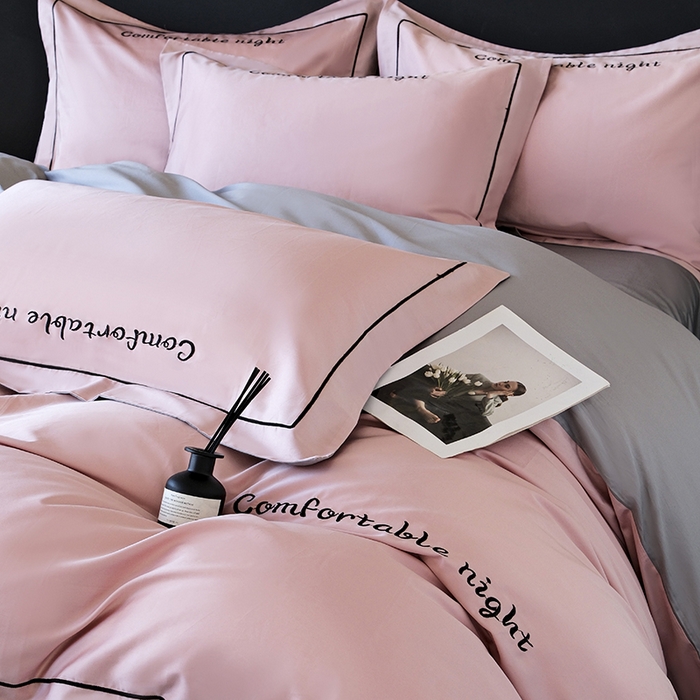 91家纺网 家纺一手货源 找家纺 女子家纺 2026新款A类全棉长绒棉双拼四件套刺绣轻奢床上用品-原素 豆沙+灰