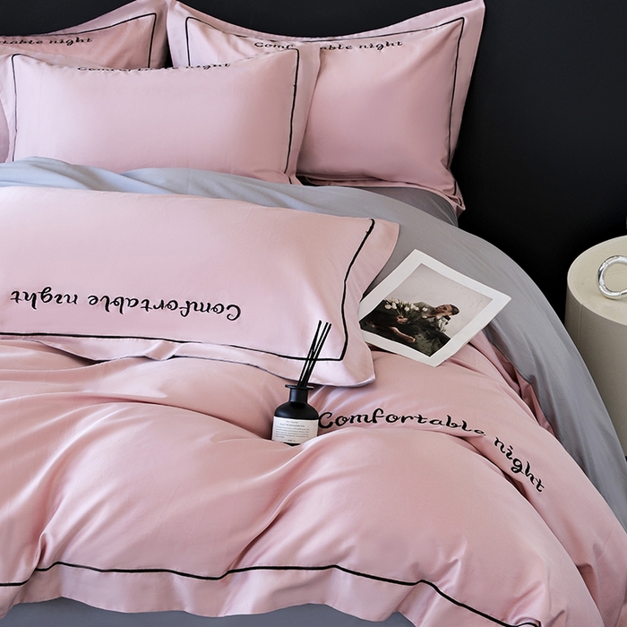 91家纺网 家纺一手货源 找家纺 女子家纺 2026新款A类全棉长绒棉双拼四件套刺绣轻奢床上用品-原素 豆沙+灰