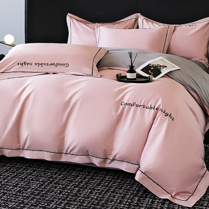 91家纺网 家纺一手货源 找家纺 女子家纺 2026新款A类全棉长绒棉双拼四件套刺绣轻奢床上用品-原素 豆沙+灰