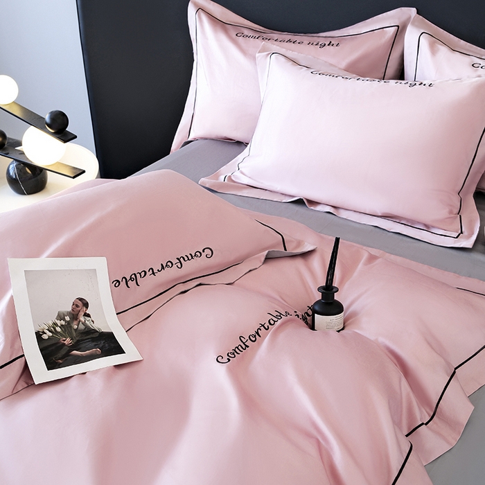 91家纺网 家纺一手货源 找家纺 女子家纺 2026新款A类全棉长绒棉双拼四件套刺绣轻奢床上用品-原素 豆沙+灰