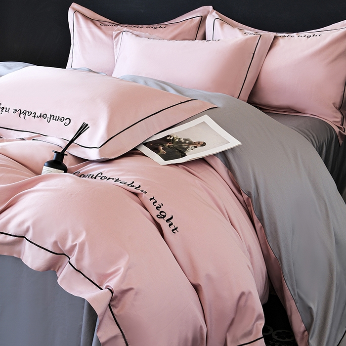 女子家纺 2026新款A类全棉长绒棉双拼四件套刺绣轻奢床上用品-原素 豆沙+灰