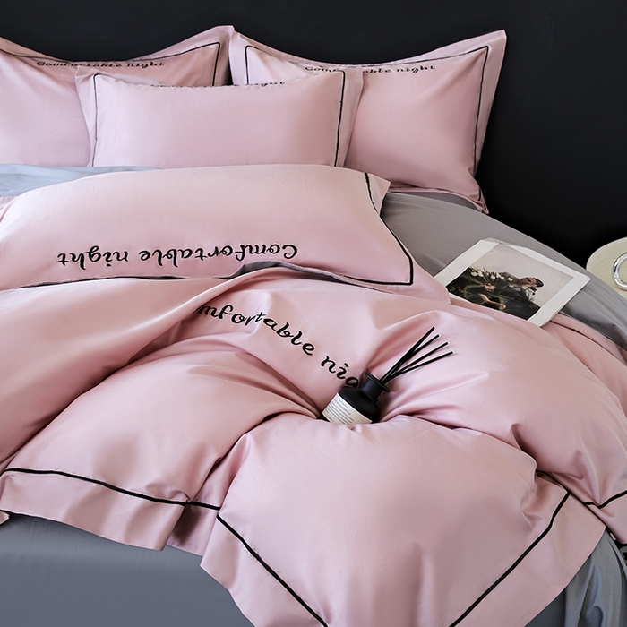 91家纺网 家纺一手货源 找家纺 女子家纺 2026新款A类全棉长绒棉双拼四件套刺绣轻奢床上用品-原素 豆沙+灰