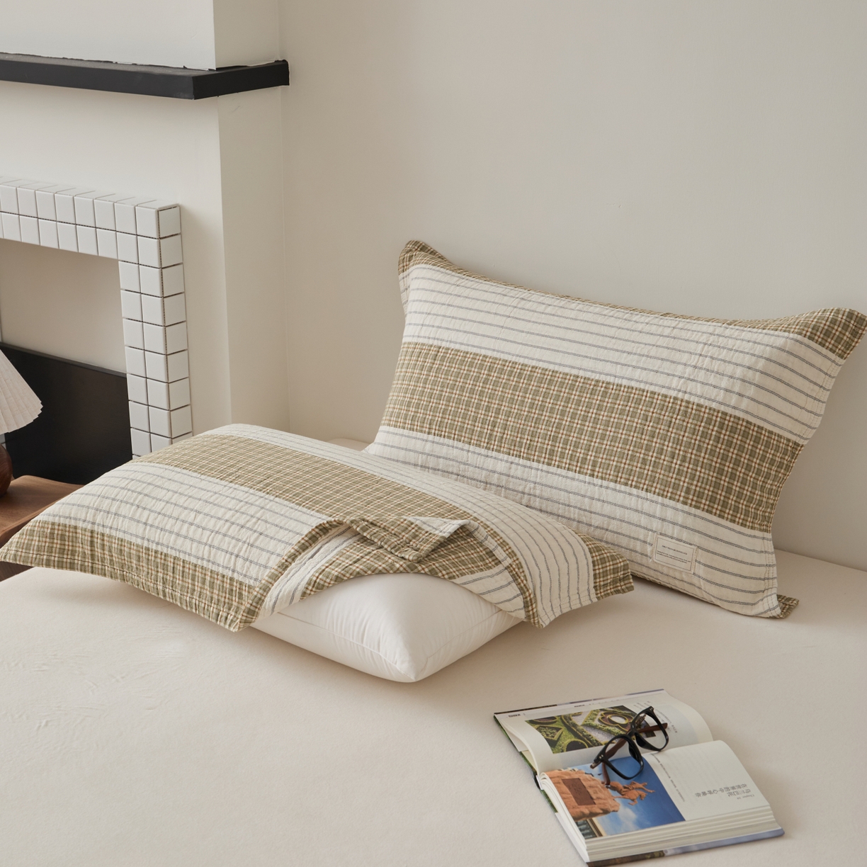 百寐 2026年3月全棉A类色织枕巾52*75条纹格子美拉德色系纯棉吸汗枕巾 色织-双拼米格